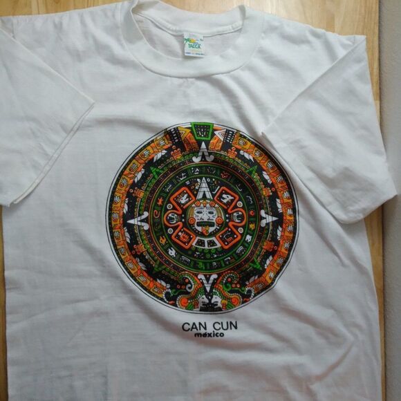 Deadstock Vintage 90s Mayan Calendar Neon Cancun Mexico T-Shirt - Picture 1 of 9